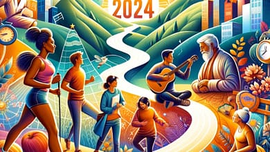 The image portrays an inspirational scene celebrating the journey of keeping New Year's resolutions for 2024. It features a diverse group of people of various ages and ethnic backgrounds, each engaged in activities related to common resolutions. A young Black woman is jogging, embodying physical fitness and determination. An elderly Caucasian man is engrossed in reading a book, symbolizing lifelong learning and intellectual growth. A Hispanic teenager is playing the guitar, representing the pursuit of new skills and artistic expression. A South Asian family enjoys quality time together, highlighting the importance of familial bonds and togetherness. The background seamlessly blends a modern cityscape with elements of nature, illustrating the harmony between personal and professional life. The sky is adorned with a rising sun and a path leading towards a mountain peak, metaphors for growth, aspiration, and progress. A prominent calendar and clock are visible, underscoring the theme of time's passage and the sustained commitment to resolutions. The overall atmosphere of the image is uplifting and vibrant, conveying a sense of positivity, motivation, and the shared human experience of self-improvement and goal achievement.