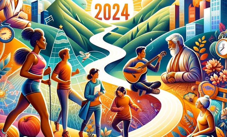 The image portrays an inspirational scene celebrating the journey of keeping New Year's resolutions for 2024. It features a diverse group of people of various ages and ethnic backgrounds, each engaged in activities related to common resolutions. A young Black woman is jogging, embodying physical fitness and determination. An elderly Caucasian man is engrossed in reading a book, symbolizing lifelong learning and intellectual growth. A Hispanic teenager is playing the guitar, representing the pursuit of new skills and artistic expression. A South Asian family enjoys quality time together, highlighting the importance of familial bonds and togetherness. The background seamlessly blends a modern cityscape with elements of nature, illustrating the harmony between personal and professional life. The sky is adorned with a rising sun and a path leading towards a mountain peak, metaphors for growth, aspiration, and progress. A prominent calendar and clock are visible, underscoring the theme of time's passage and the sustained commitment to resolutions. The overall atmosphere of the image is uplifting and vibrant, conveying a sense of positivity, motivation, and the shared human experience of self-improvement and goal achievement.